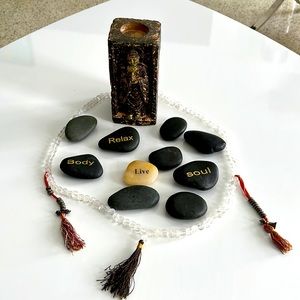 Relaxation Set- hot stones/massage, 4 sided decor, candleholder glass necklace